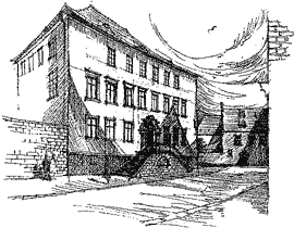 Das Novalis-Haus in der heutigen Klosterstraße 24 in Weißenfels. Zeichnung von Ulrich Mund